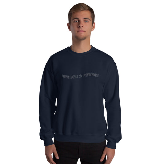 Nay blue unisex sweatshirt with text-only design reading ‘ENDURE & PERSIST’ in all caps, wavy outline font, inspirational and motivational message, soft cozy sweatshirt