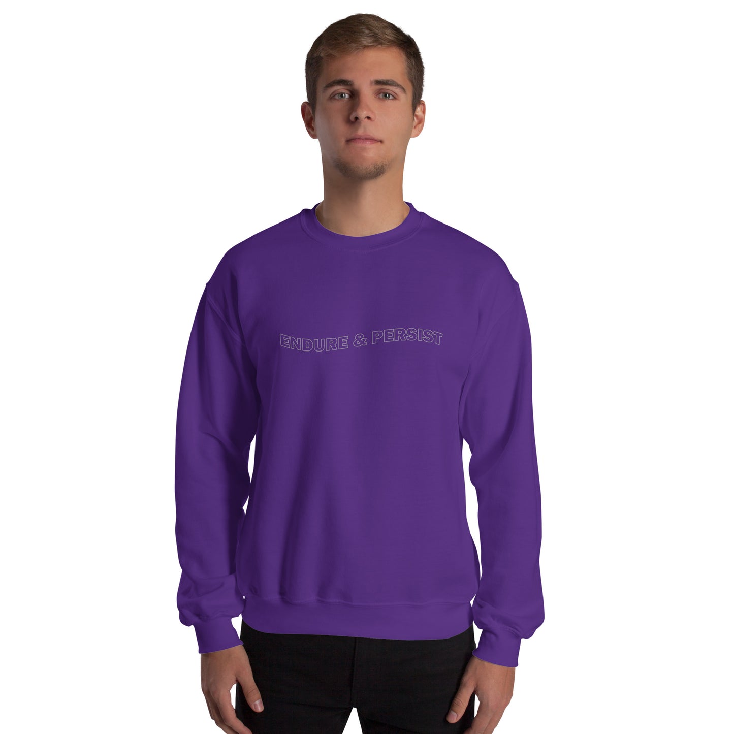 Purple unisex sweatshirt with text-only design reading ‘ENDURE & PERSIST’ in all caps, wavy outline font, inspirational and motivational message, soft cozy sweatshirt