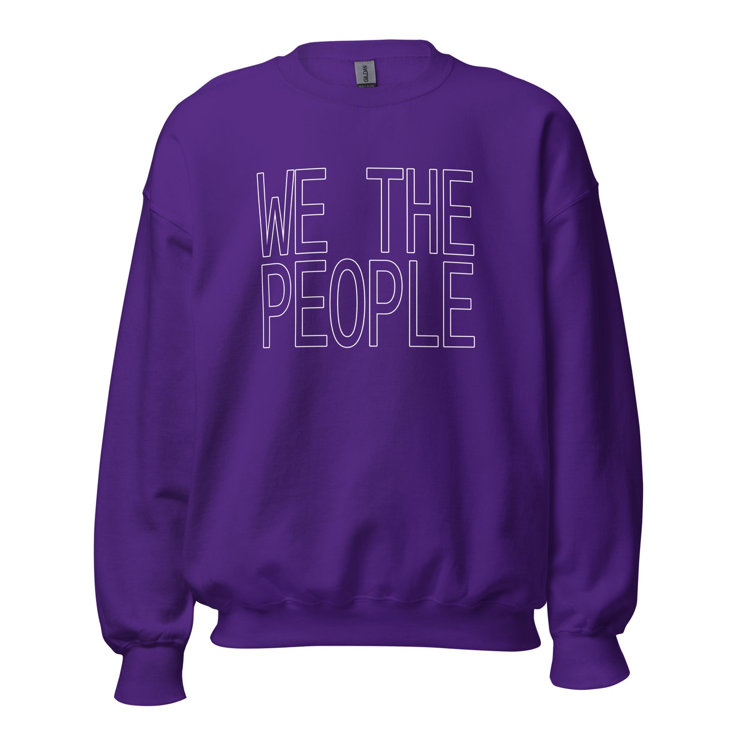 Purple unisex crew neck sweatshirt with large block capital text with the words 'WE THE PEOPLE'