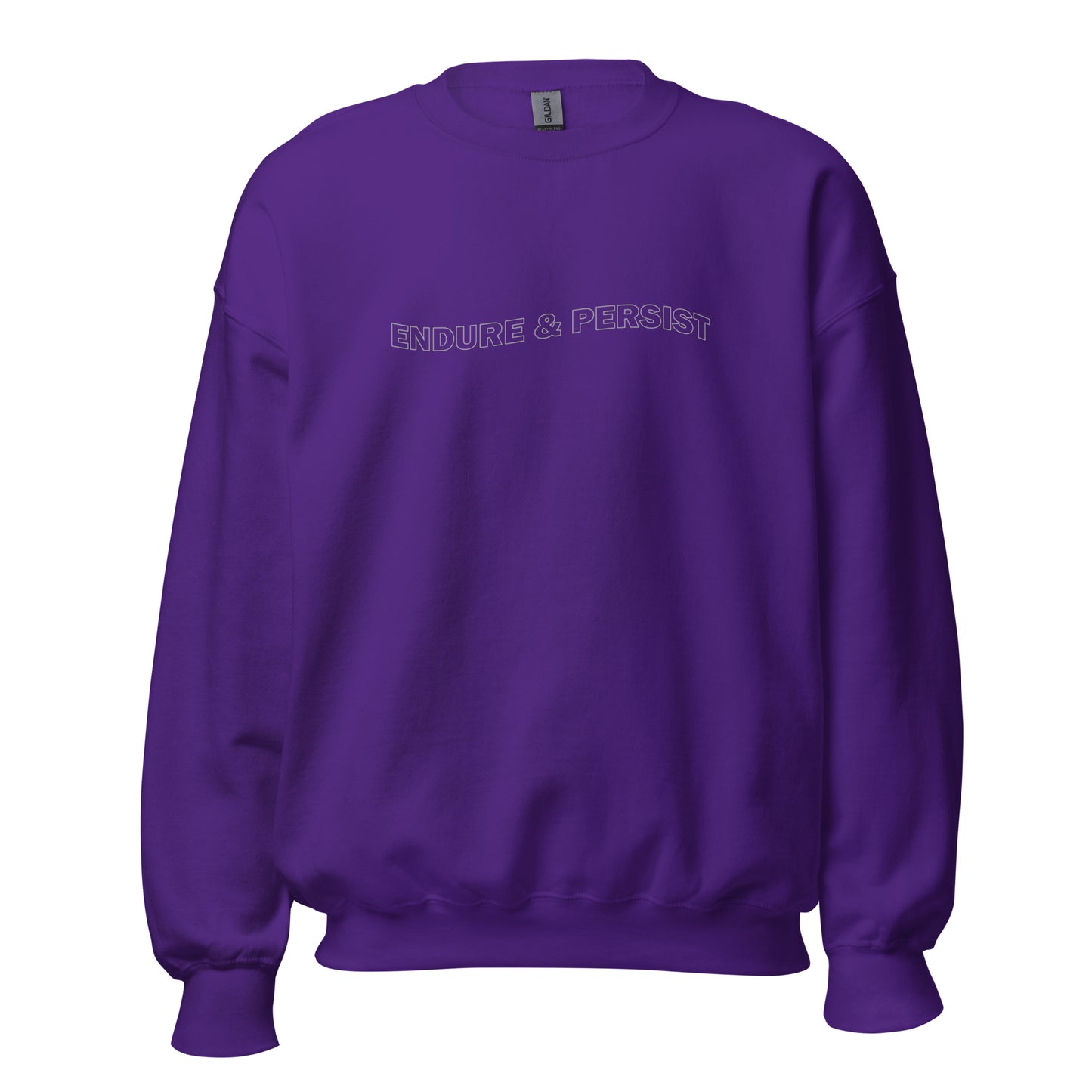 Purple crew neck sweatshirt with text "ENDURE & PERSIST"