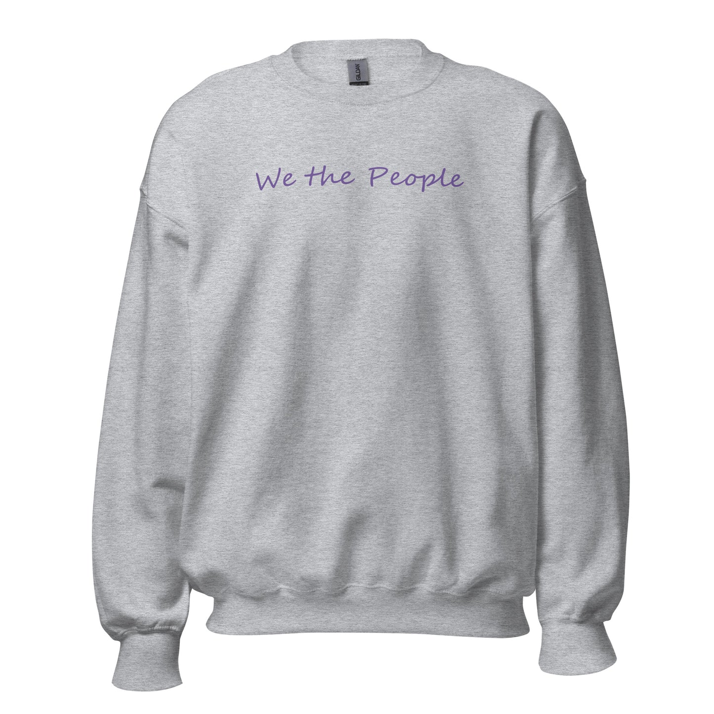 Sport grey unisex crew neck sweatshirt with the words "We the People" in a script font using purple ink.