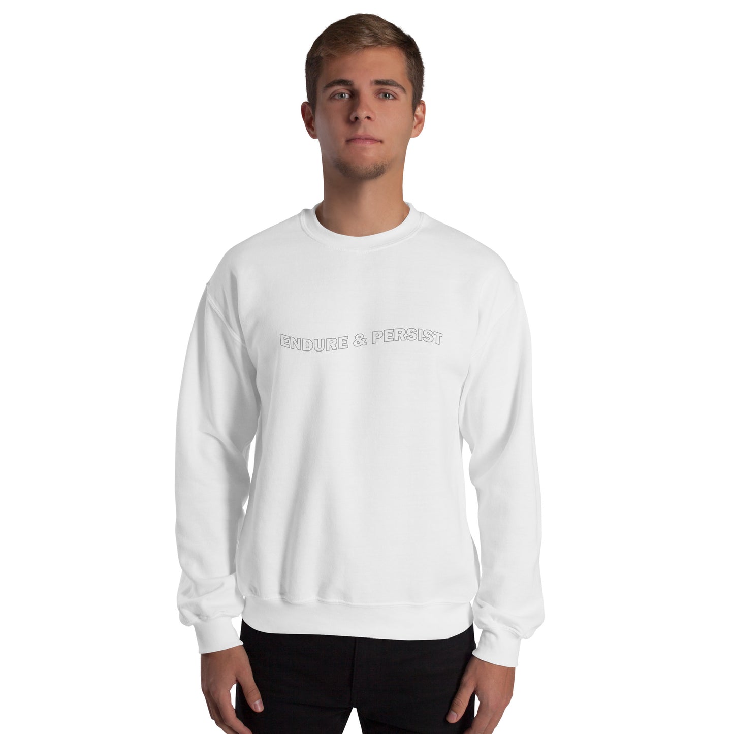 White unisex sweatshirt with text-only design reading ‘ENDURE & PERSIST’ in all caps, wavy outline font, inspirational and motivational message, soft cozy sweatshirt