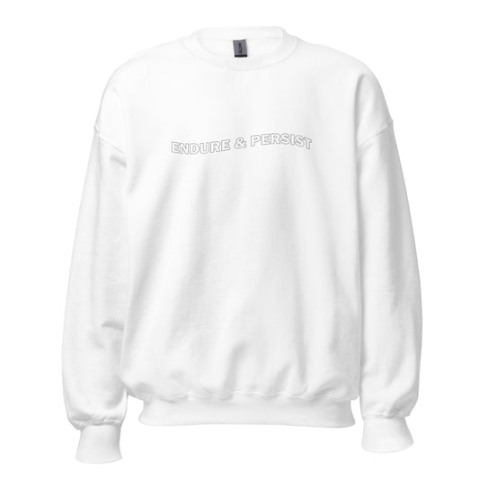 White crew neck sweatshirt with text "ENDURE & PERSIST"