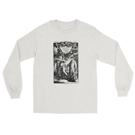 Ash long sleeve t-shirt showing a historic engraving featuring Marcus Aurelius and Julian the Apostate