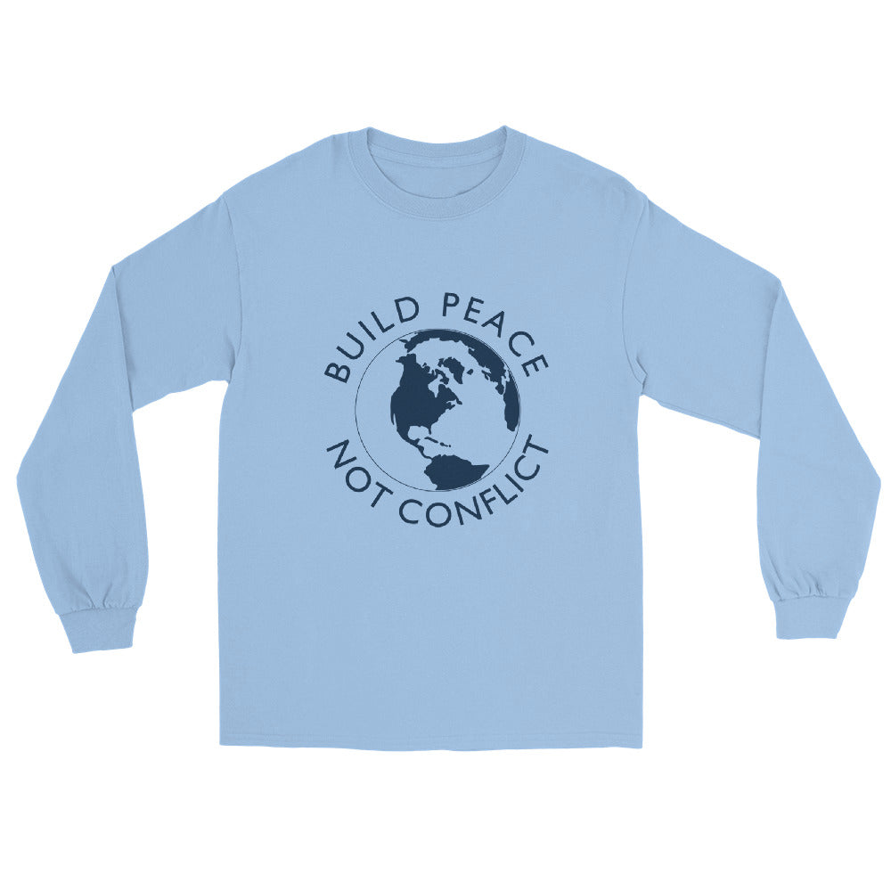 Light blue long sleeve t-shirt with Earth graphic and the words “Build Peace Not Conflict” in a circular design, inspired by Kant’s Perpetual Peace philosophy