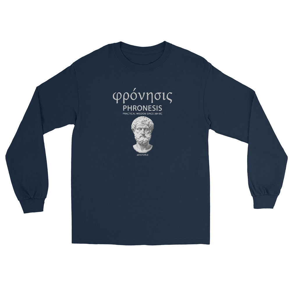 Navy Phronesis long sleeve T-shirt with an Aristotle portrait, Greek lettering, and “Practical Wisdom Since 384 BC” text, front view.