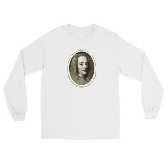A white long-sleeve t-shirt with a portrait of Voltaire in a circular frame on the front. Text 'Absurd beliefs lead to unjust deeds' in gold ink