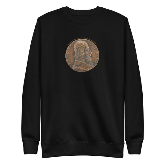 Black unisex premium sweatshirt with an image of a 15th century Florentine Aristotle coin dark gold/bronze color on the front.