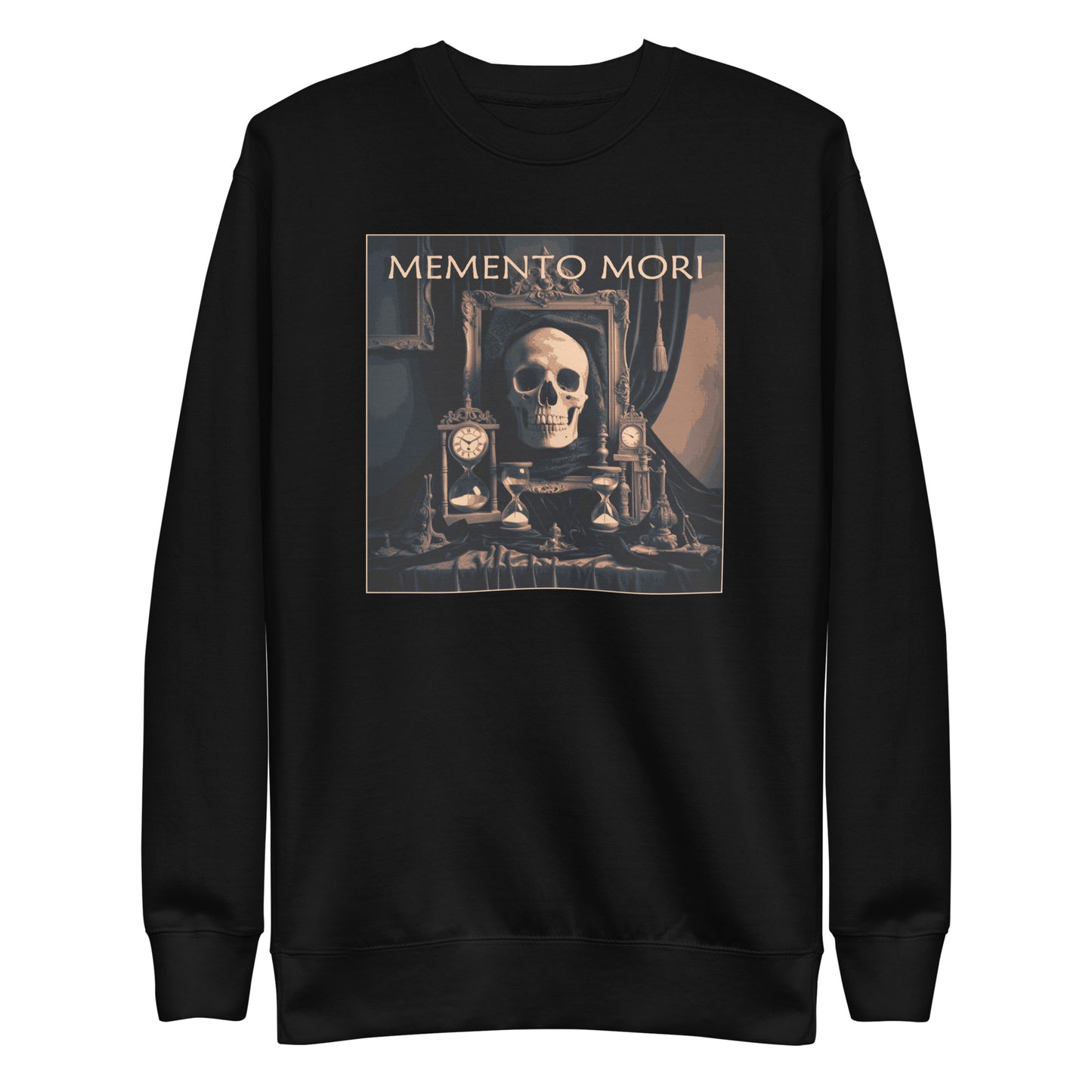 Black premium sweatshirt with a square image. Vintage font gold ink "Memento Mori" with a skull two antique clocks and two hour glasses.