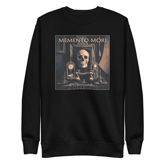 Black premium sweatshirt with a square image. Vintage font gold ink "Memento Mori" with a skull two antique clocks and two hour glasses.