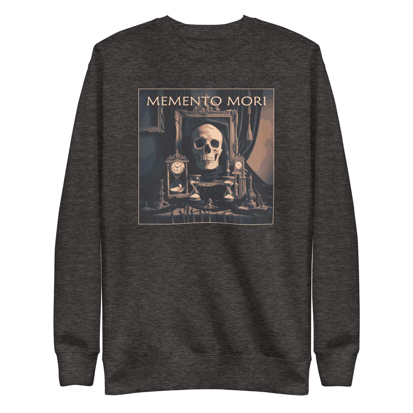 Charcoal heather premium sweatshirt with a square image. Vintage font gold ink "Memento Mori" with a skull two antique clocks and two hour glasses.