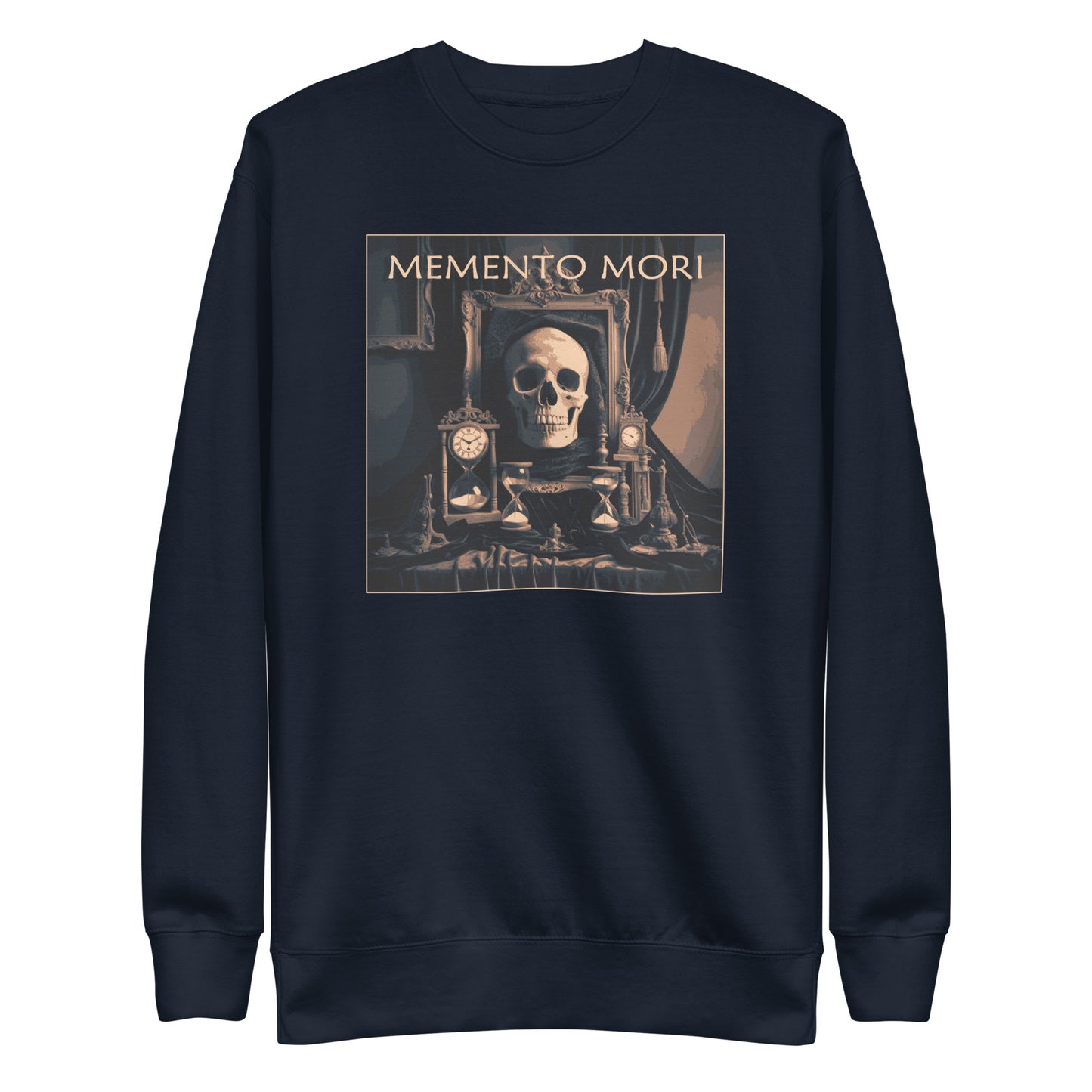 Navy blue premium sweatshirt with a square image. Vintage font gold ink "Memento Mori" with a skull two antique clocks and two hour glasses.