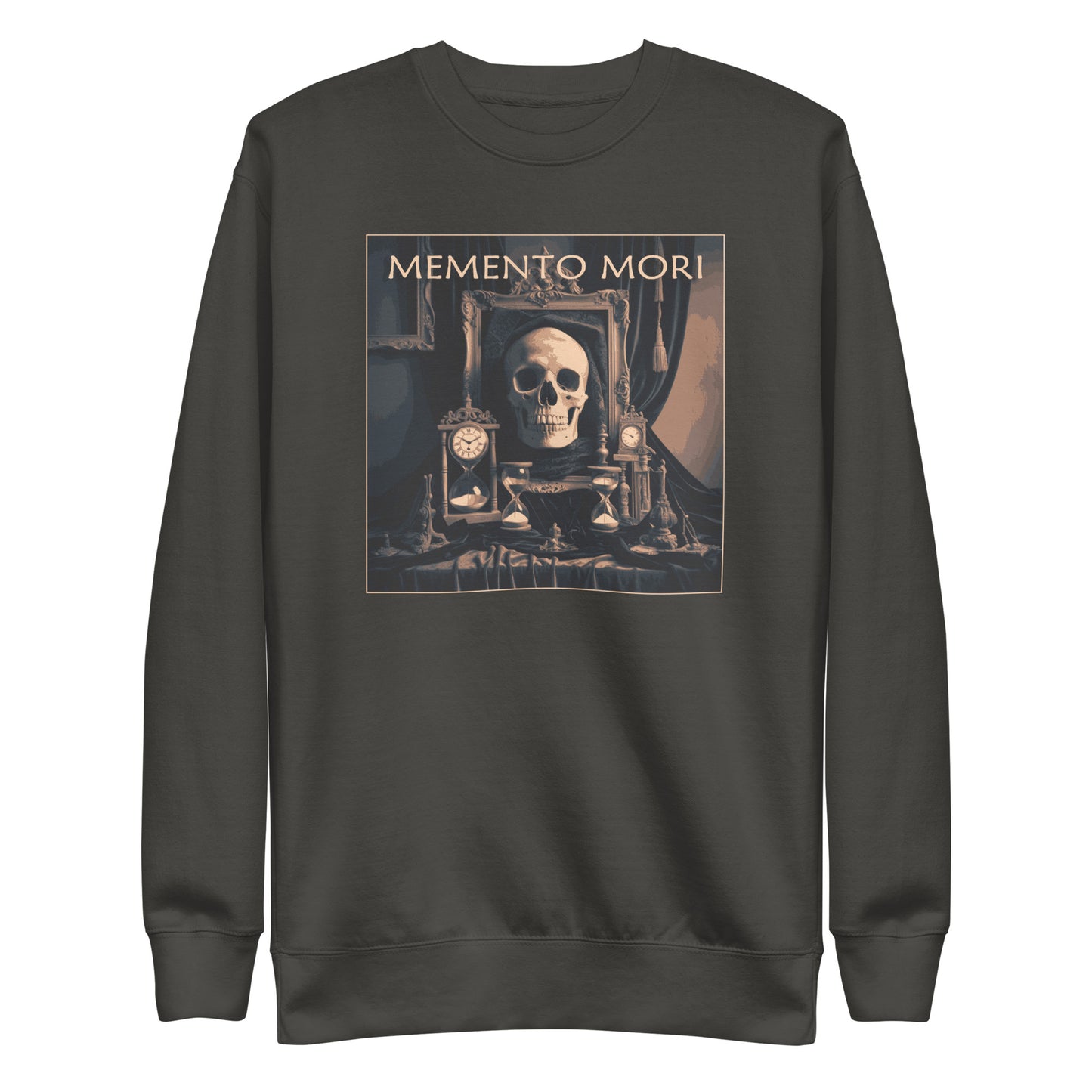 Vintage Black premium sweatshirt with a square image. Vintage font gold ink "Memento Mori" with a skull two antique clocks and two hour glasses.