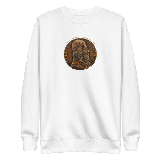 White unisex premium sweatshirt with an image of a 15th century Florentine Aristotle coin dark gold/bronze color on the front.