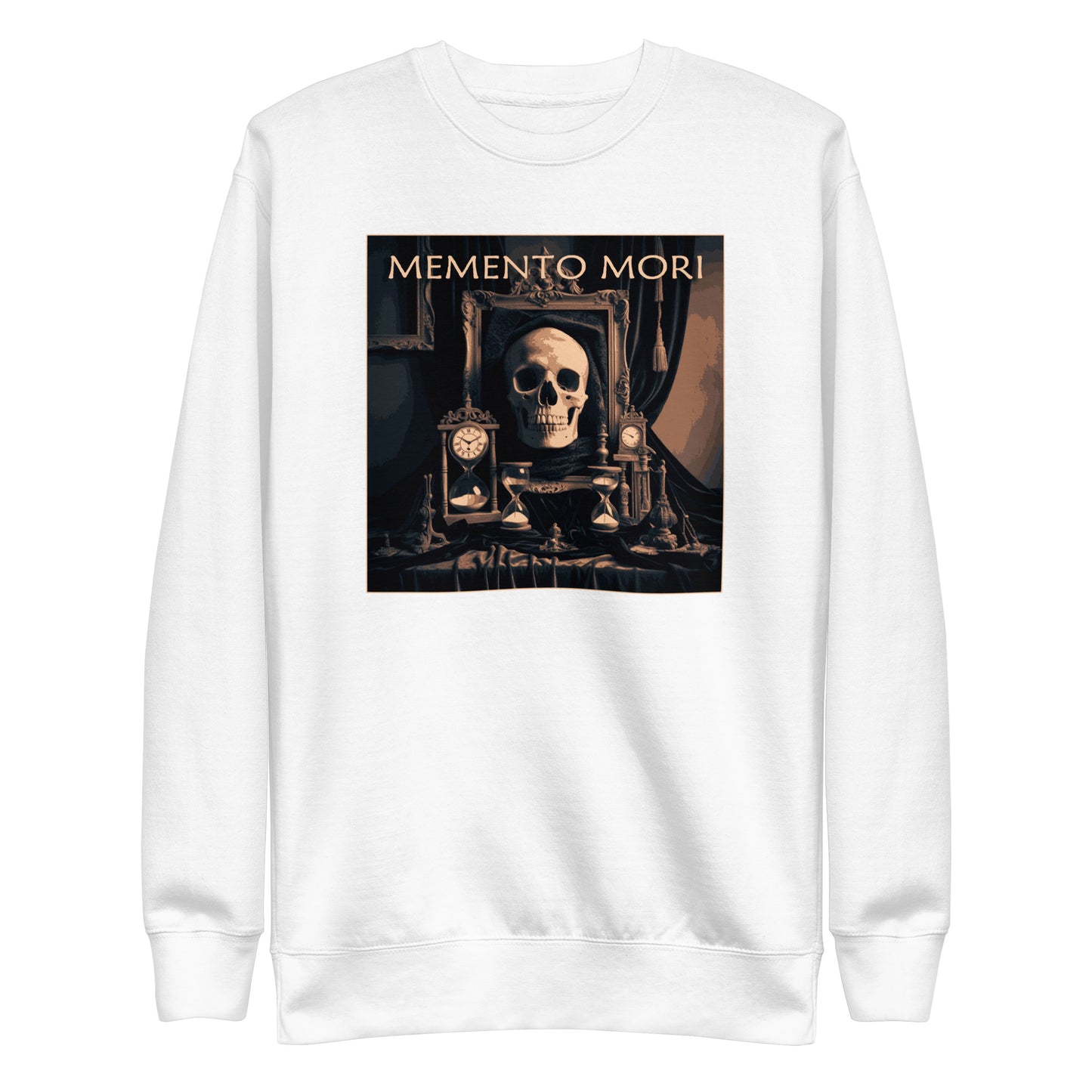 White premium sweatshirt with a square image. Vintage font gold ink "Memento Mori" with a skull two antique clocks and two hour glasses.