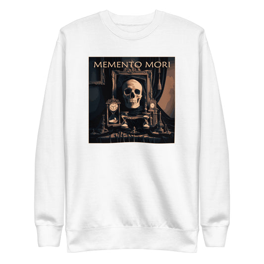 White premium sweatshirt with a square image. Vintage font gold ink "Memento Mori" with a skull two antique clocks and two hour glasses.