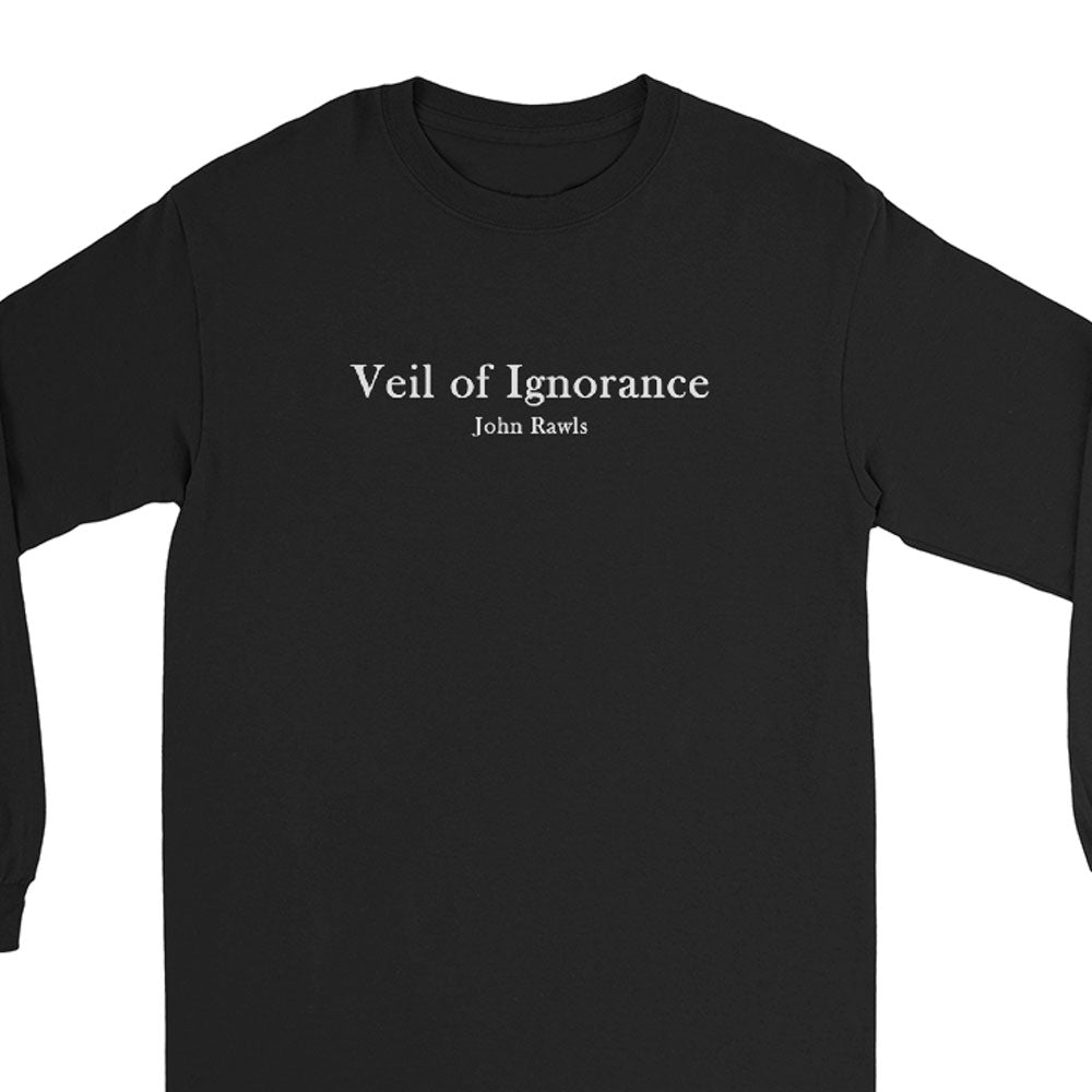 Black long-sleeve shirt with 'Veil of Ignorance' text on a white background