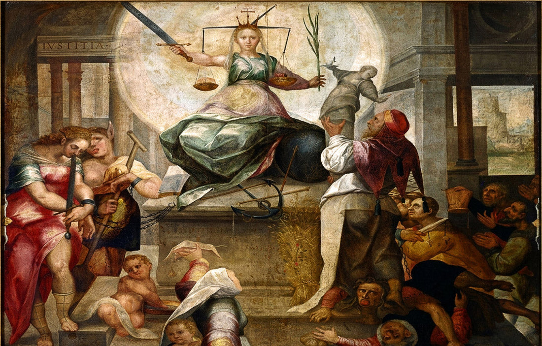 Renaissance-style allegory of fair judgment, showing a thoughtful figure weighing evidence, intent, and character