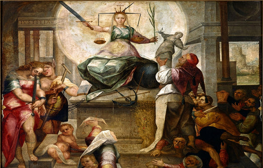Renaissance-style allegory of fair judgment, showing a thoughtful figure weighing evidence, intent, and character
