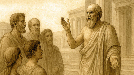 Socrates In front of buildings with columns lecturing to a crowd.
