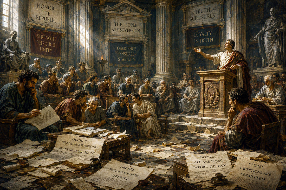 Renaissance-style civic chamber with divided citizens, scattered documents, contradictory decrees, and a statesman addressing the public