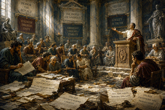 Renaissance-style civic chamber with divided citizens, scattered documents, contradictory decrees, and a statesman addressing the public