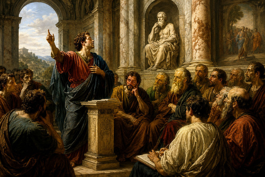 A Renaissance-style classical painting set in a grand marble hall, showing a central confident speaker standing and gesturing while addressing a seated group of philosophers and scholars