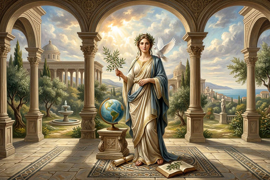 Neoclassical painting of a woman representing Peace, holding an olive branch with a dove, in a sunlit marble courtyard.