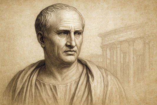 “What would Cicero say about now?” The background evokes the marble dignity of ancient Rome — solemn, timeless, suggesting reflection on civic virtue and corruption.