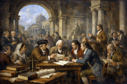 Neoclassical painting of Enlightenment-era philosophers and citizens discussing in a classical civic setting