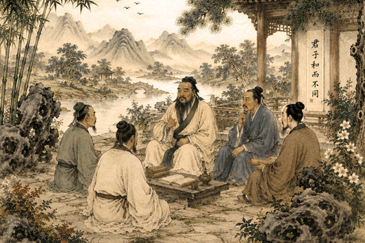Confucius sitting outside teaching a group of men.