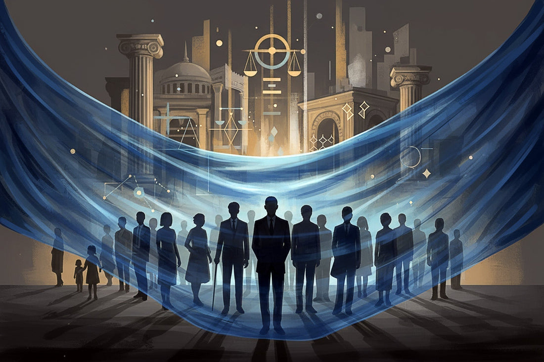 Conceptual illustration of John Rawls' veil of ignorance showing diverse silhouettes behind a translucent veil representing impartial justice