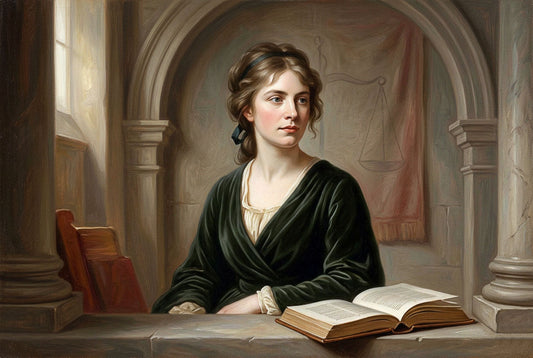 Renaissance-style allegorical painting inspired by Mary Wollstonecraft, showing a contrast between compassion and structured justice, with soft human figures on one side and classical architecture on the other.