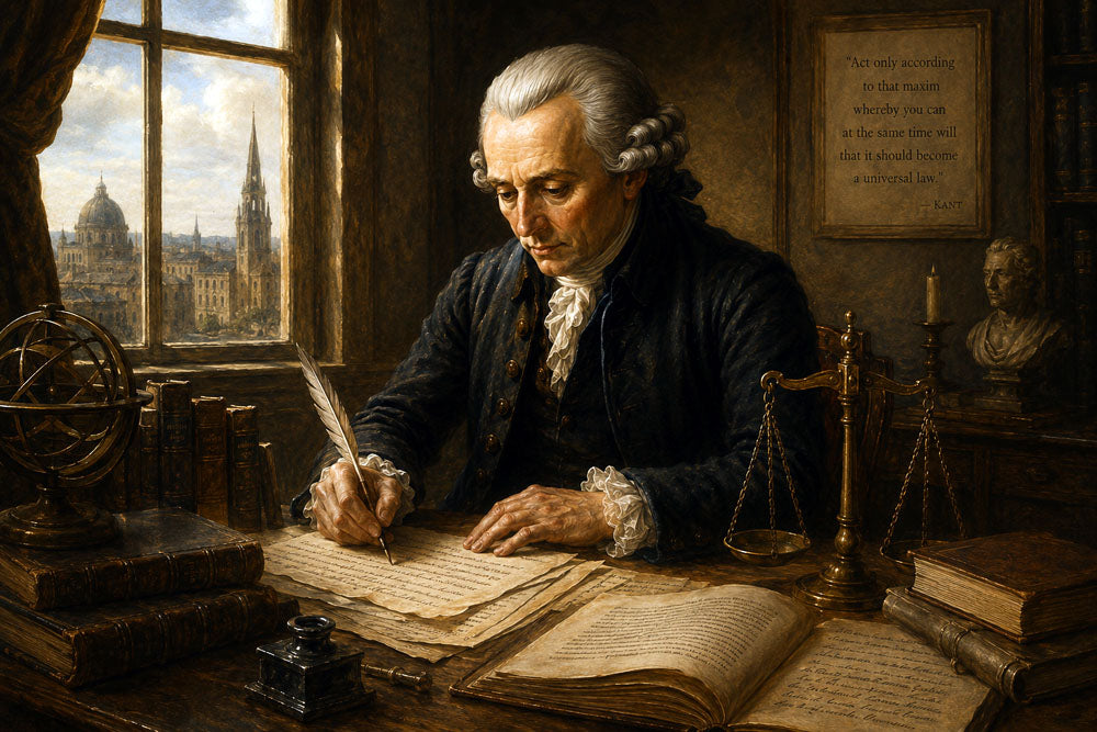 Immanuel Kant writing in an 18th-century study surrounded by books and symbols of justice in a Renaissance-style oil painting.