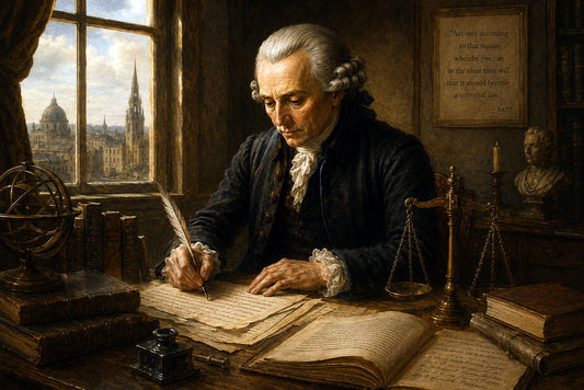 Immanuel Kant writing in an 18th-century study surrounded by books and symbols of justice in a Renaissance-style oil painting.