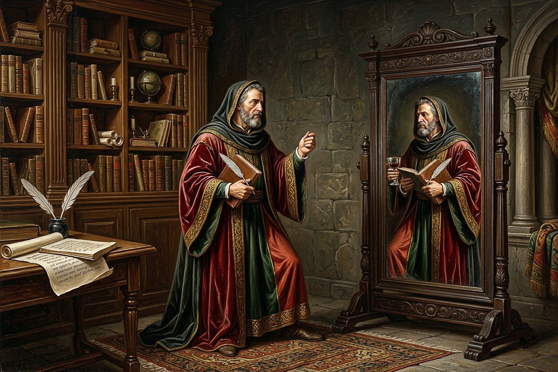 Alt Text: Renaissance-style painting of a philosopher in classical robes standing before a mirror with a slightly different reflection, symbolizing hypocrisy and the alignment of belief and action.