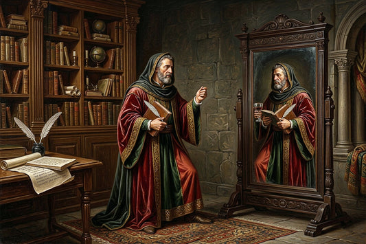 Alt Text: Renaissance-style painting of a philosopher in classical robes standing before a mirror with a slightly different reflection, symbolizing hypocrisy and the alignment of belief and action.