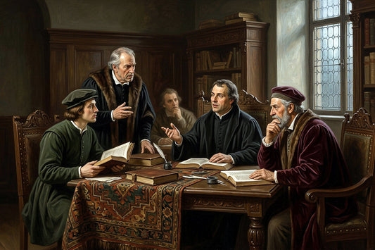 Renaissance-style scene of philosophers engaged in thoughtful discussion about truth and differing perspectives.