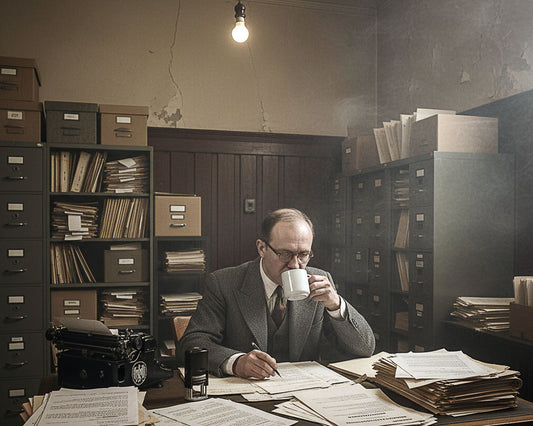 Bureaucrat working at desk with files representing Hannah Arendt's concept of the banality of evil and thoughtless compliance