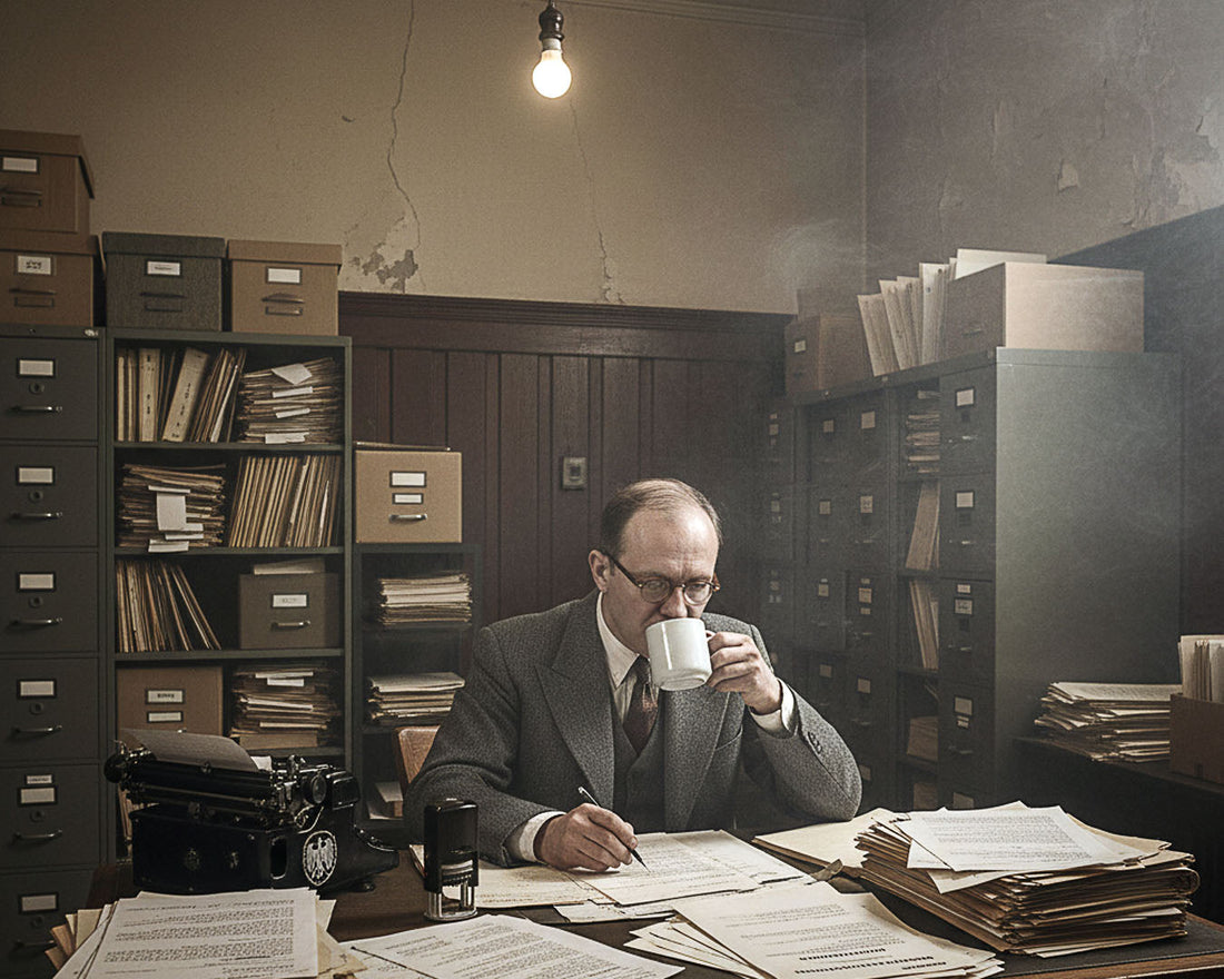 Bureaucrat working at desk with files representing Hannah Arendt's concept of the banality of evil and thoughtless compliance