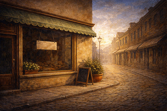 Renaissance-style oil painting of a quiet, empty street with a small storefront and a blank hanging sign. The scene evokes stillness, reflection, and ordinary life.