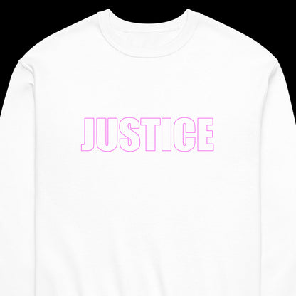 White classic unisex crew neck sweatshirt with block capital  silhouette text outlined in pink with the word 'JUSTICE'