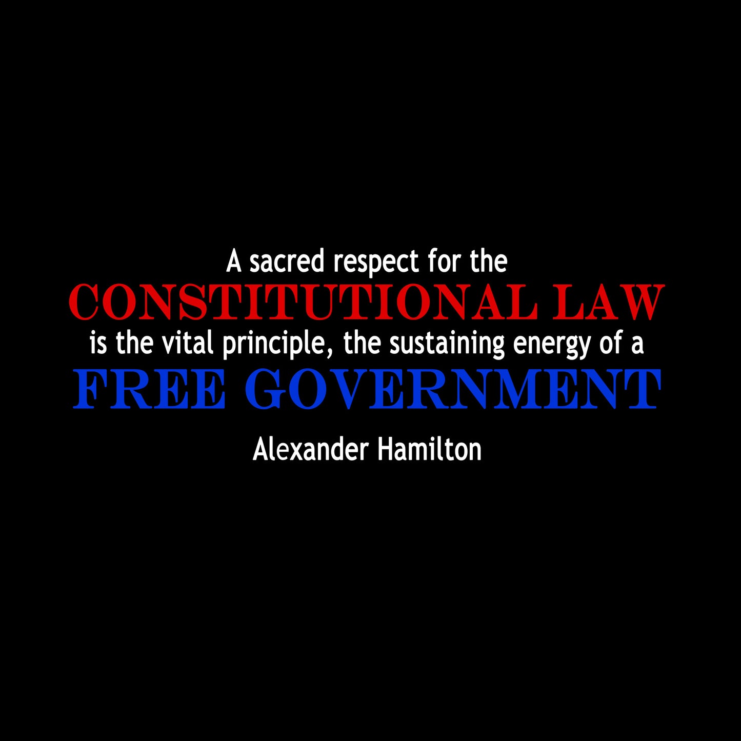 Alexander Hamilton quote in red, white and blue text: 'A sacred respect for the constitutional law is the vital principle, the sustaining energy of a free government'.