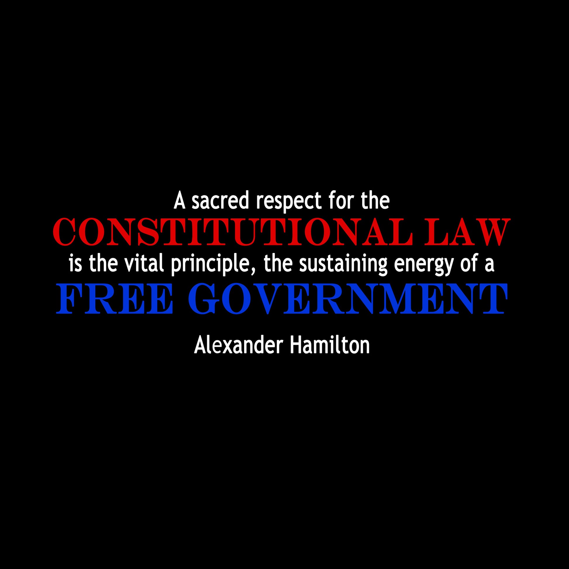 Alexander Hamilton quote in red, white and blue text: 'A sacred respect for the constitutional law is the vital principle, the sustaining energy of a free government'.