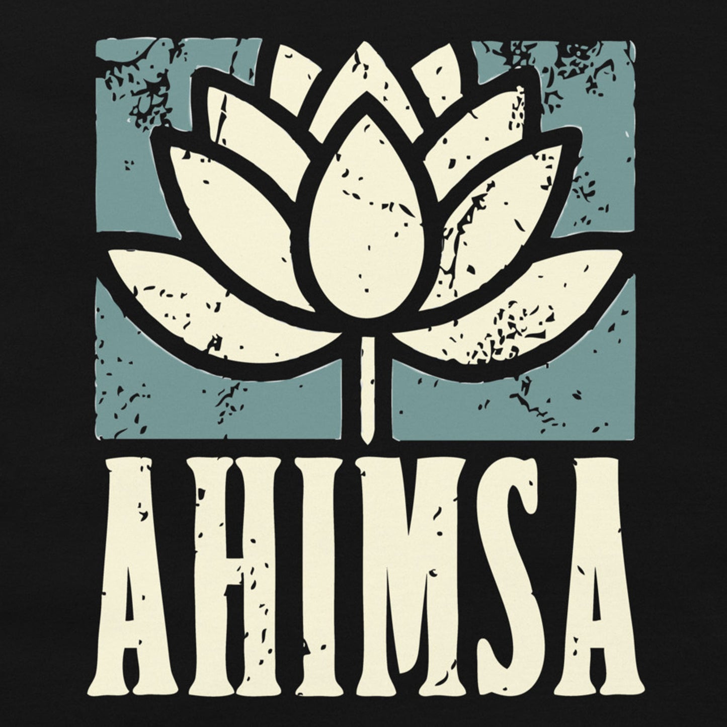 Distressed lotus flower graphic above the word “AHIMSA,” representing nonviolence, peace, and compassion the word 'AHIMSA' on a dark background