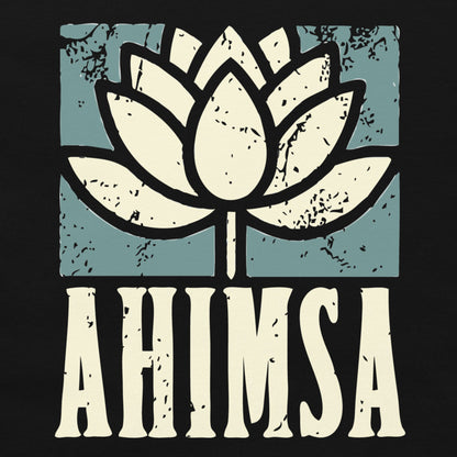 Distressed lotus flower graphic above the word “AHIMSA,” representing nonviolence, peace, and compassion the word 'AHIMSA' on a dark background