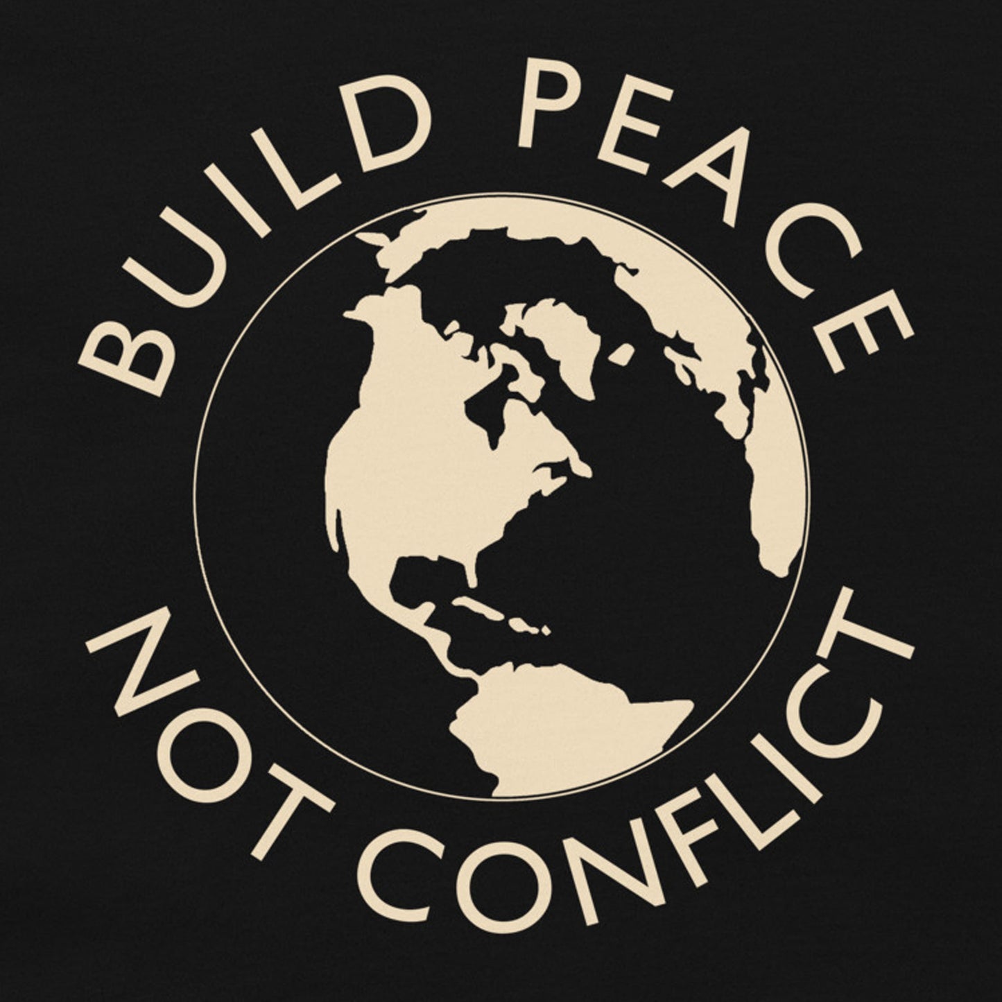 Earth graphic and the words “Build Peace Not Conflict” in a circular design, inspired by Kant’s Perpetual Peace philosophy