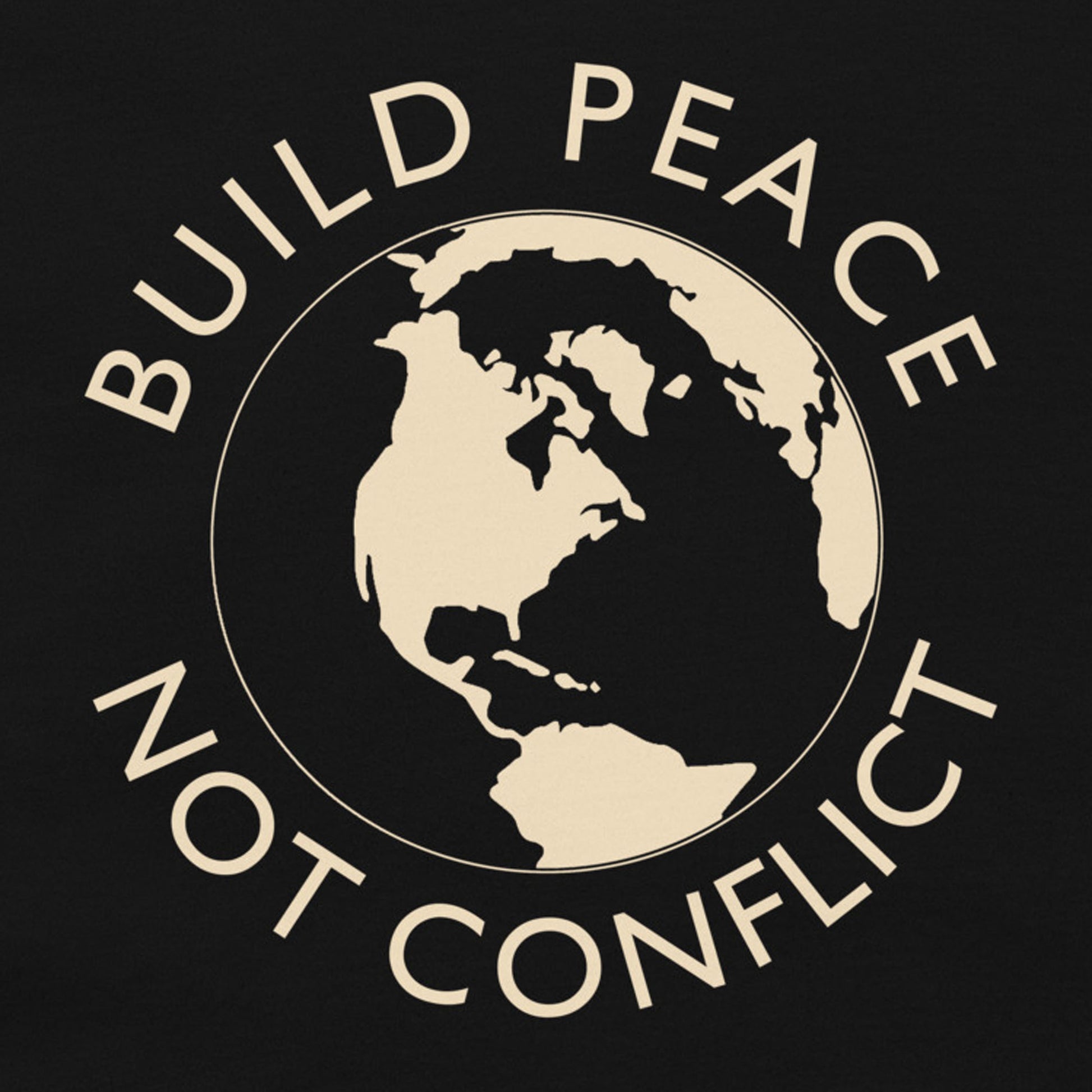 Earth graphic and the words “Build Peace Not Conflict” in a circular design, inspired by Kant’s Perpetual Peace philosophy