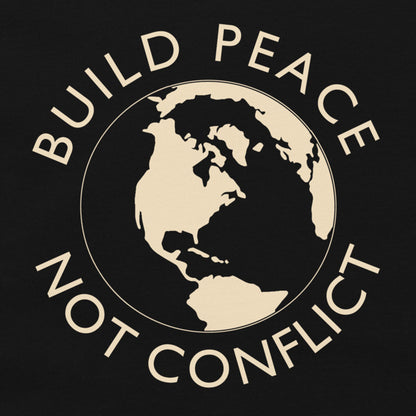 Earth graphic and the words “Build Peace Not Conflict” in a circular design, inspired by Kant’s Perpetual Peace philosophy