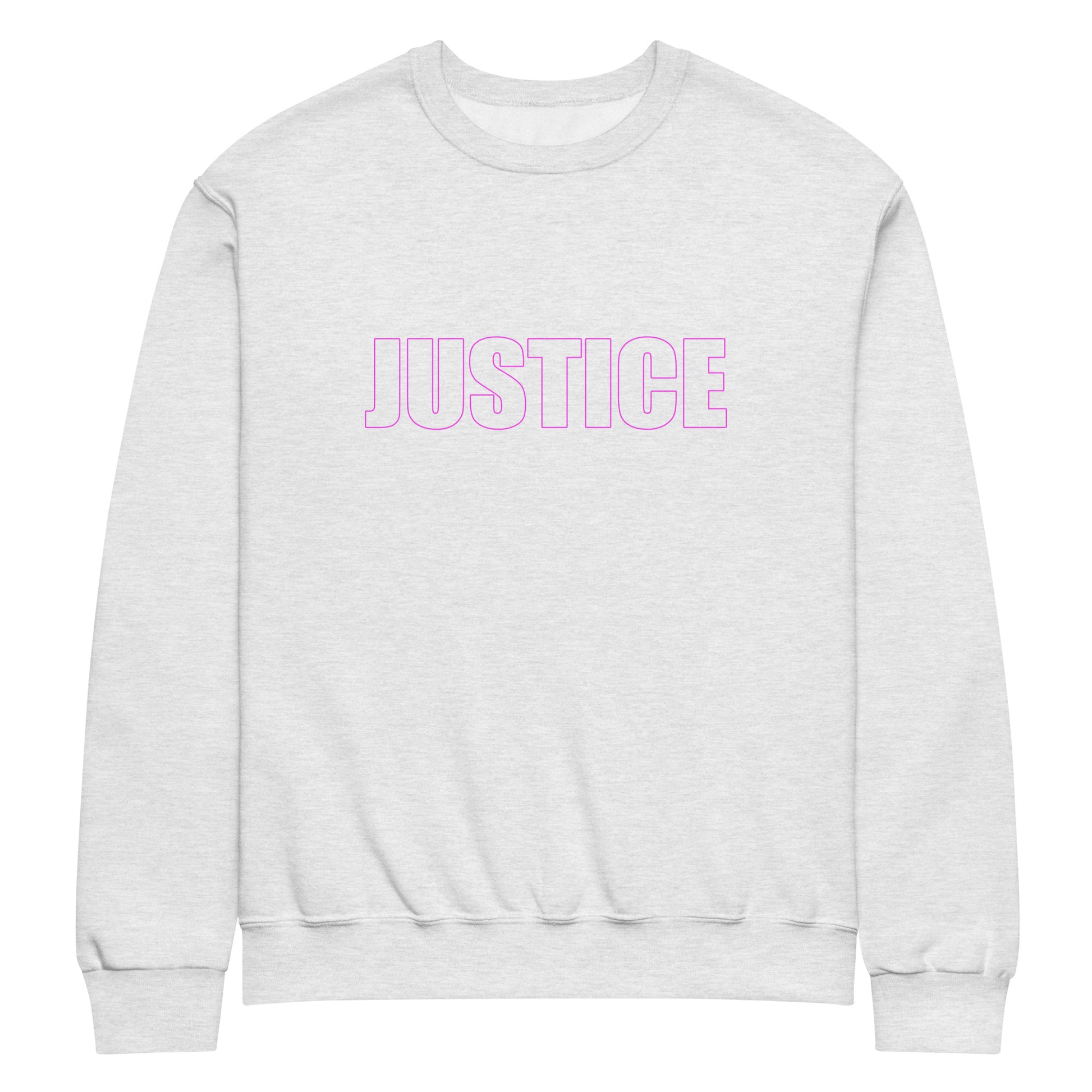 Ash classic unisex crew neck sweatshirt with block capital  silhouette text outlined in pink with the word 'JUSTICE'
